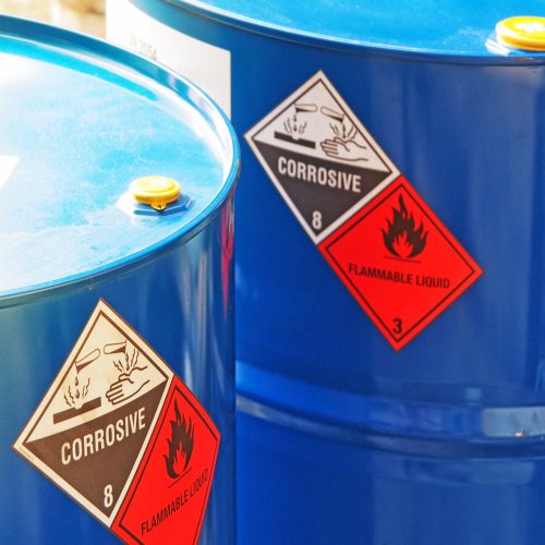 The,Close-up,Shot,Of,Blue,Color,Hazardous,Dangerous,Chemical,Barrels